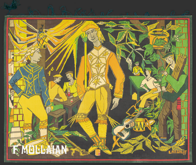 Old European Figurative Vintage Textile, Painted-Stamped n°:71655145